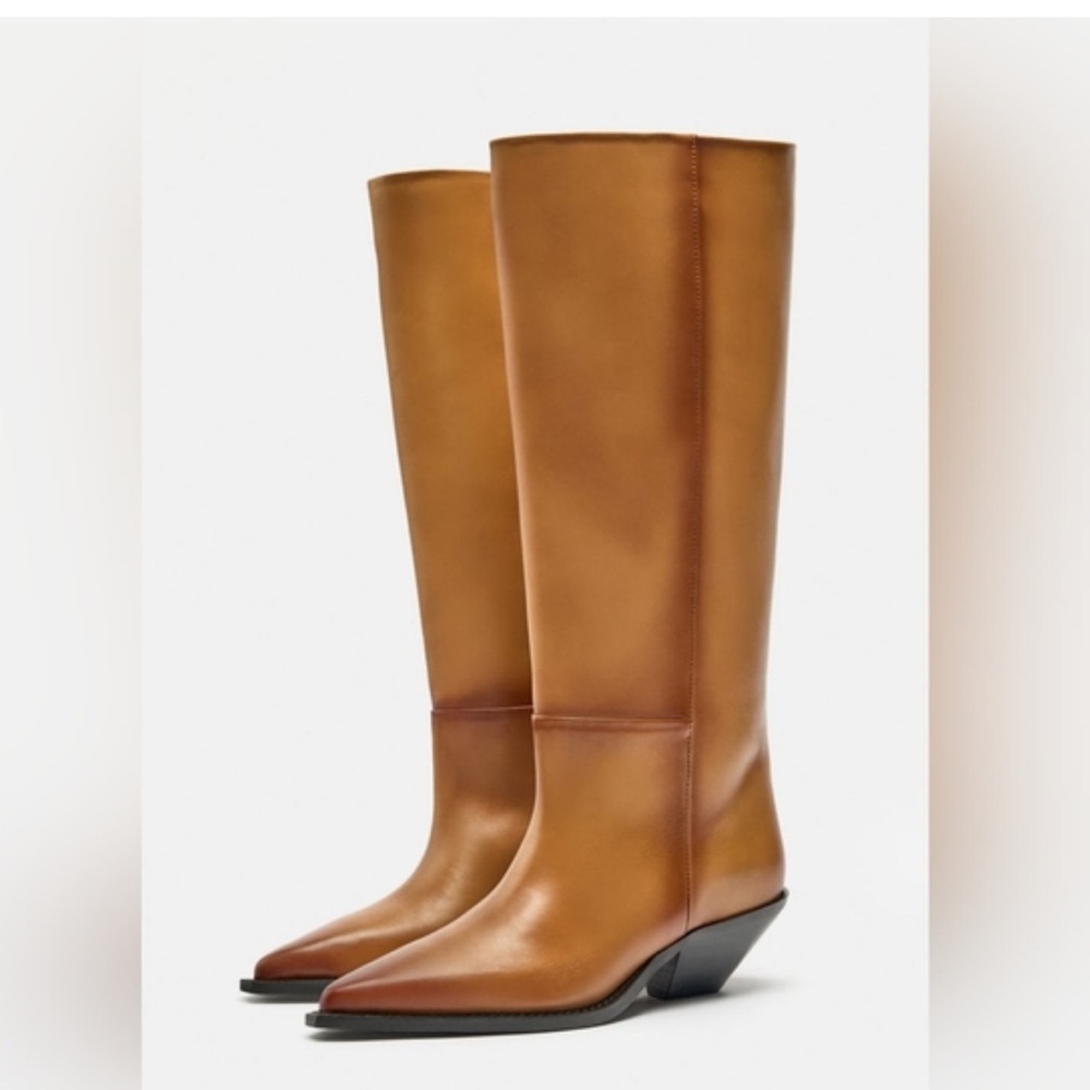 Zara Brown Leather Heeled Boots